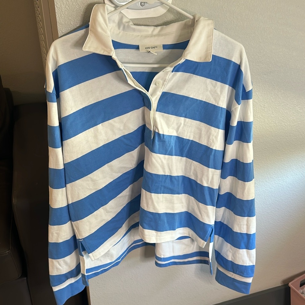 Blue and white striped long sleeve shirt